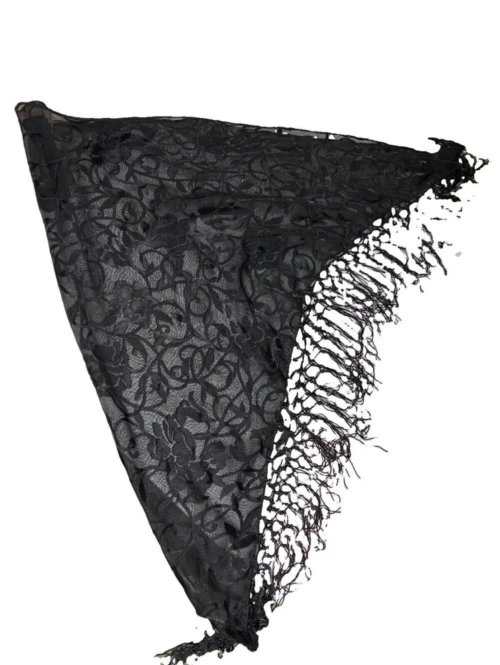 black lace Floral triangle Wrap Shawl Headpiece Accessory With Fringe